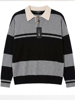 Fashion Nova Two-Tone Gray and Cream Ribbed Collar Knit Polo
